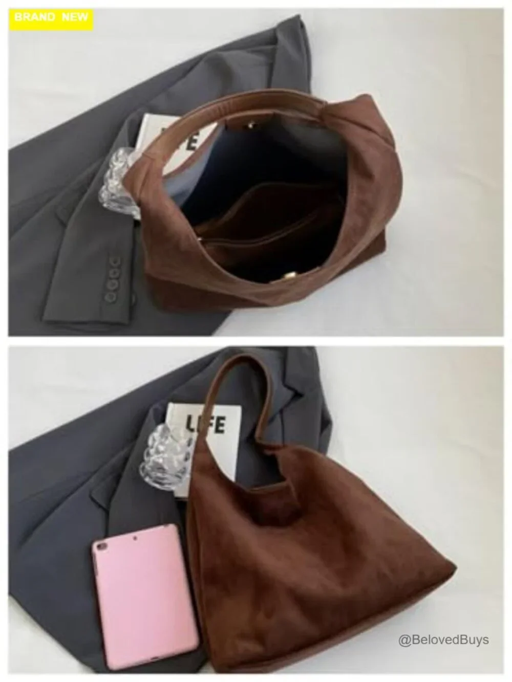Faux Suede Hobo Bag with Shoulder Strap Tote Handbag